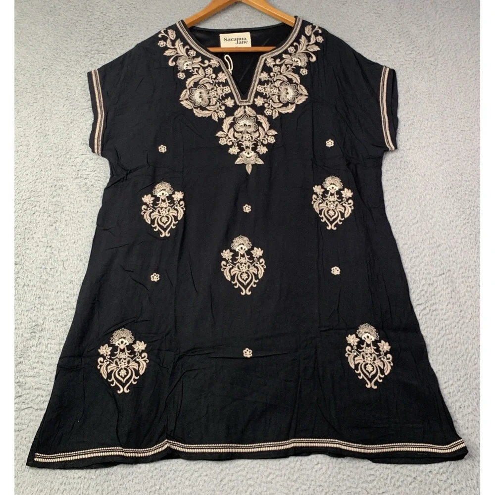 New Savanna Jane Dress/Top Women Size Medium Black Tan Embroidered Floral NWT